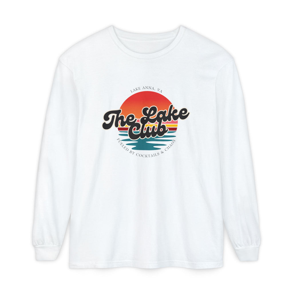 The Lake Club Long Sleeve T-Shirt — Retro Sunset 'Fueled by Cocktails + Chaos'