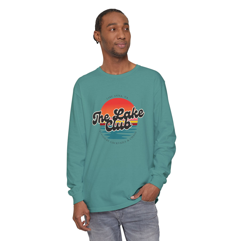 The Lake Club Long Sleeve T-Shirt — Retro Sunset 'Fueled by Cocktails + Chaos'
