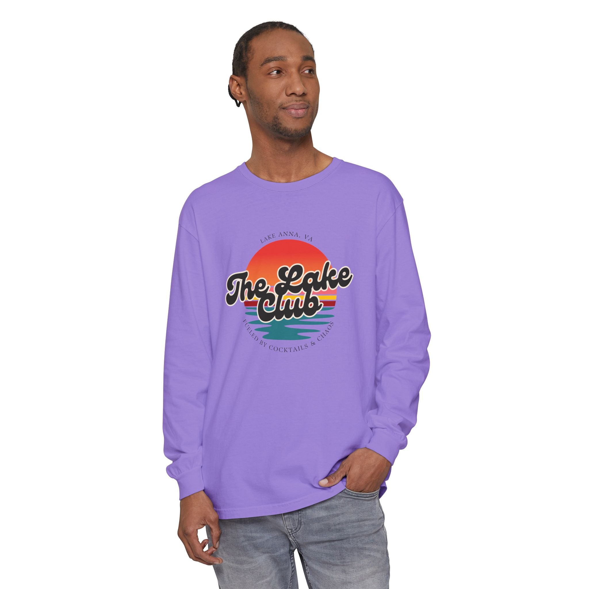 The Lake Club Long Sleeve T-Shirt — Retro Sunset 'Fueled by Cocktails + Chaos'