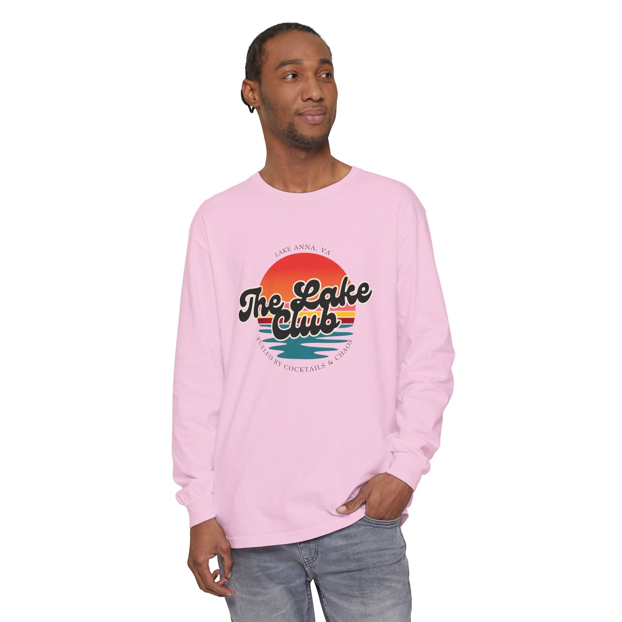 The Lake Club Long Sleeve T-Shirt — Retro Sunset 'Fueled by Cocktails + Chaos'