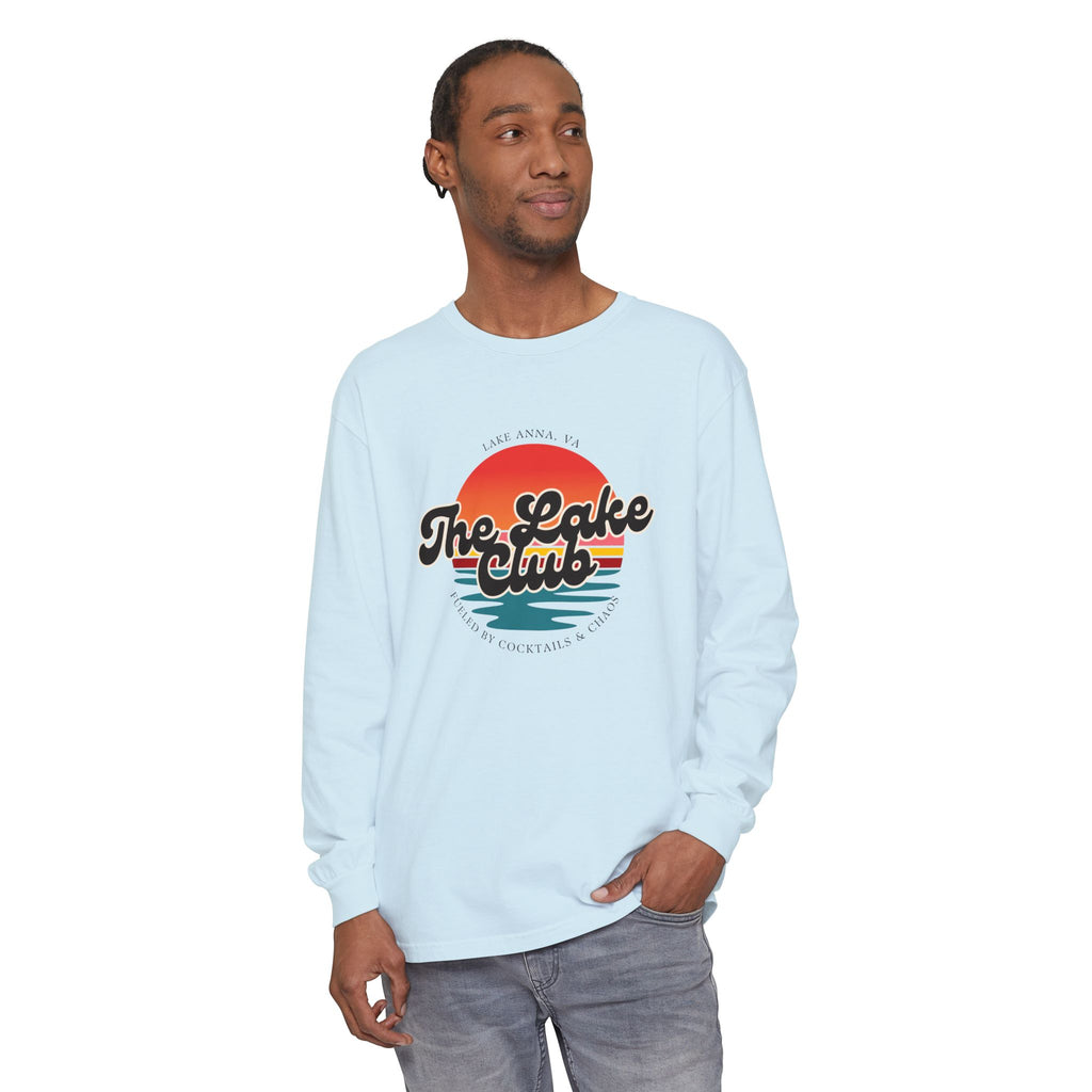 The Lake Club Long Sleeve T-Shirt — Retro Sunset 'Fueled by Cocktails + Chaos'