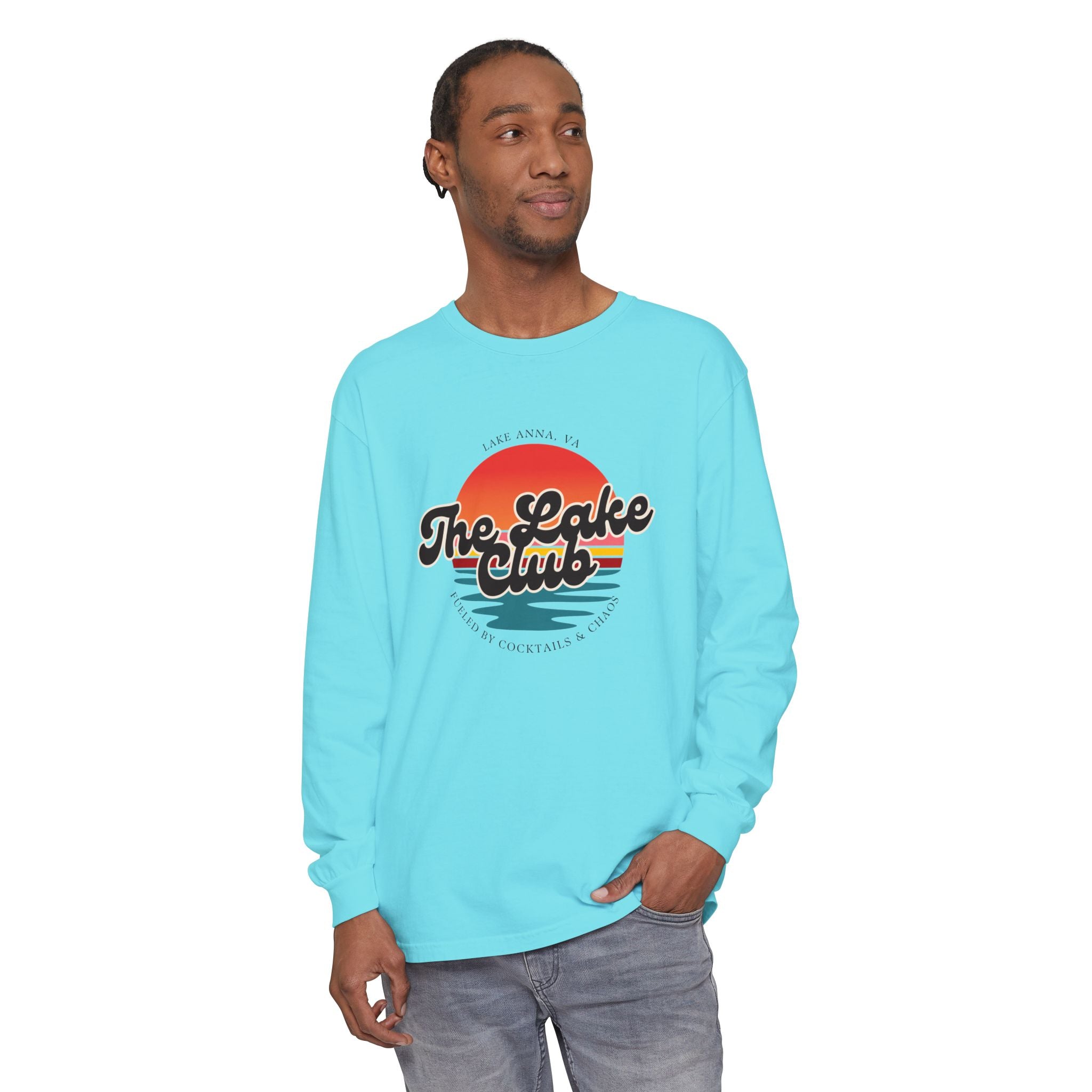The Lake Club Long Sleeve T-Shirt — Retro Sunset 'Fueled by Cocktails + Chaos'