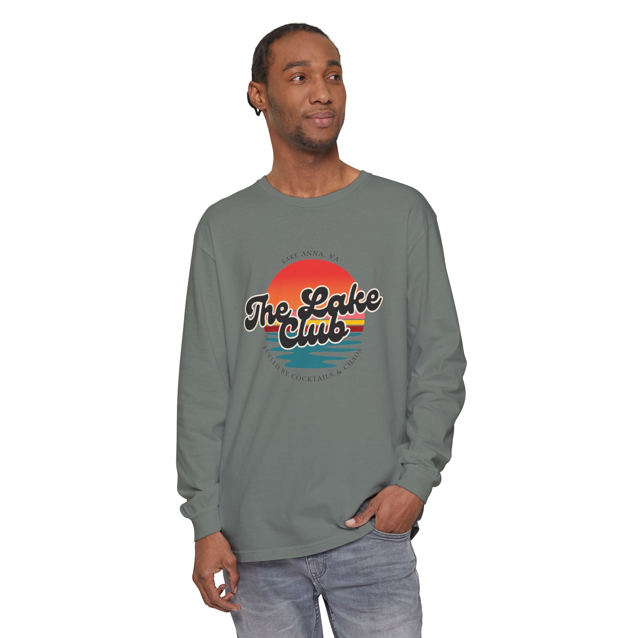 The Lake Club Long Sleeve T-Shirt — Retro Sunset 'Fueled by Cocktails + Chaos'