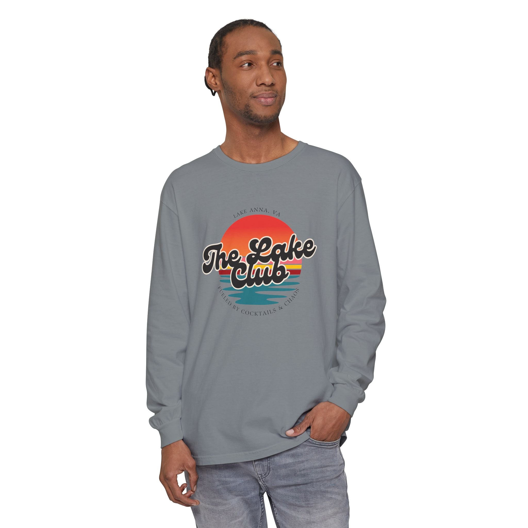 The Lake Club Long Sleeve T-Shirt — Retro Sunset 'Fueled by Cocktails + Chaos'
