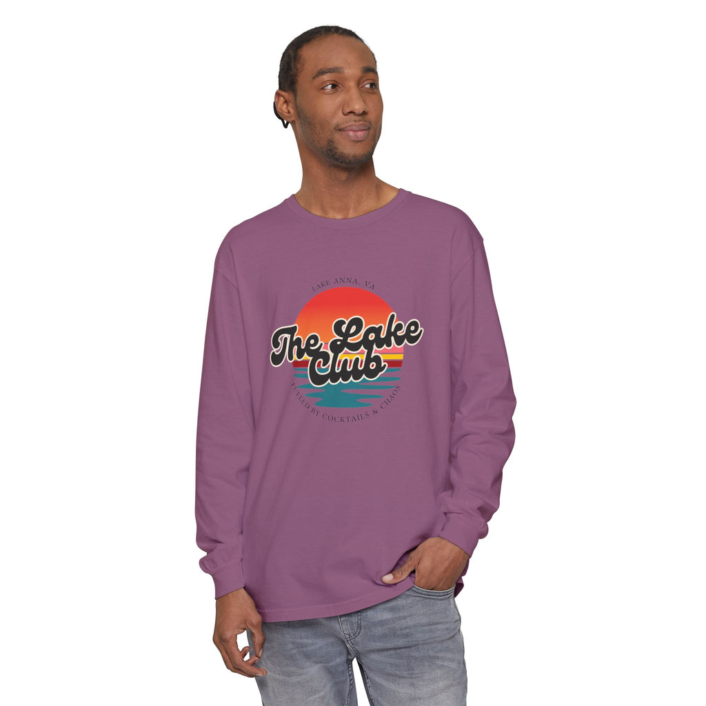 The Lake Club Long Sleeve T-Shirt — Retro Sunset 'Fueled by Cocktails + Chaos'