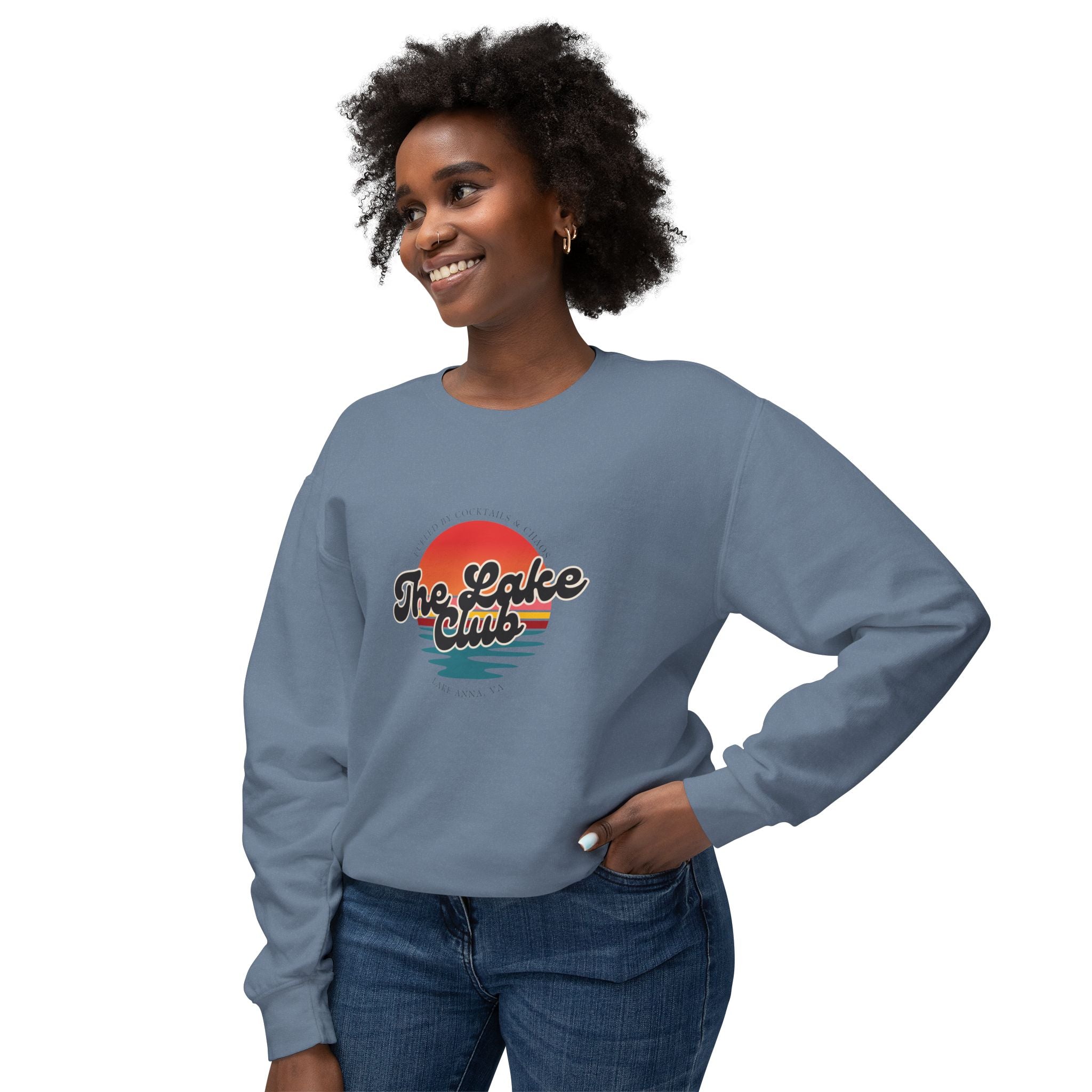 Crewneck Sweatshirt — "The Lake Club" Retro Sunset Graphic