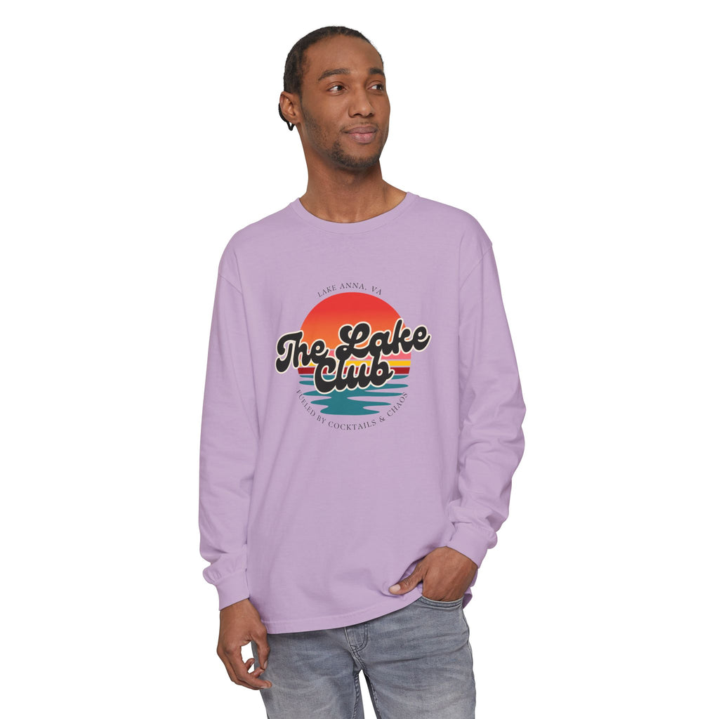 The Lake Club Long Sleeve T-Shirt — Retro Sunset 'Fueled by Cocktails + Chaos'