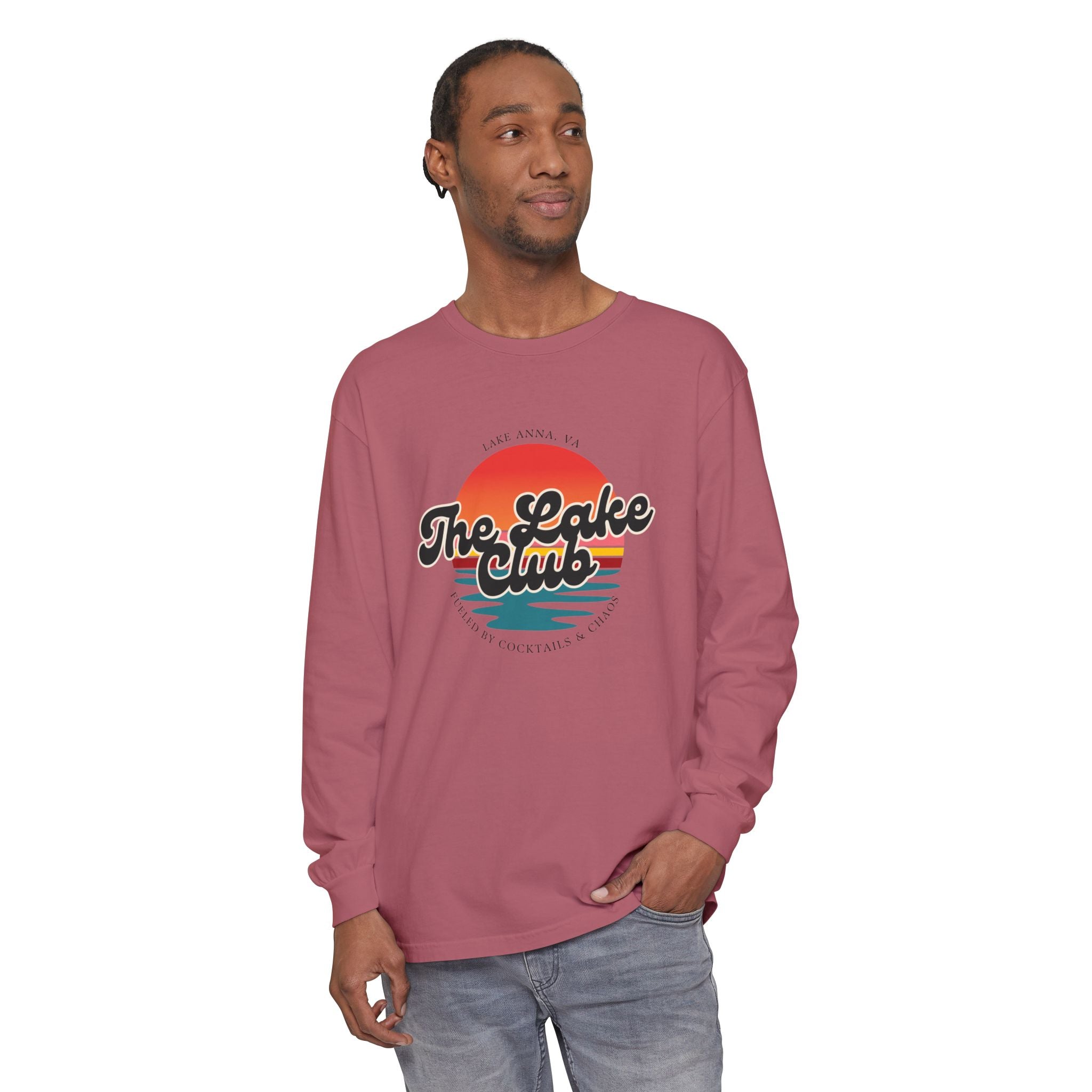 The Lake Club Long Sleeve T-Shirt — Retro Sunset 'Fueled by Cocktails + Chaos'