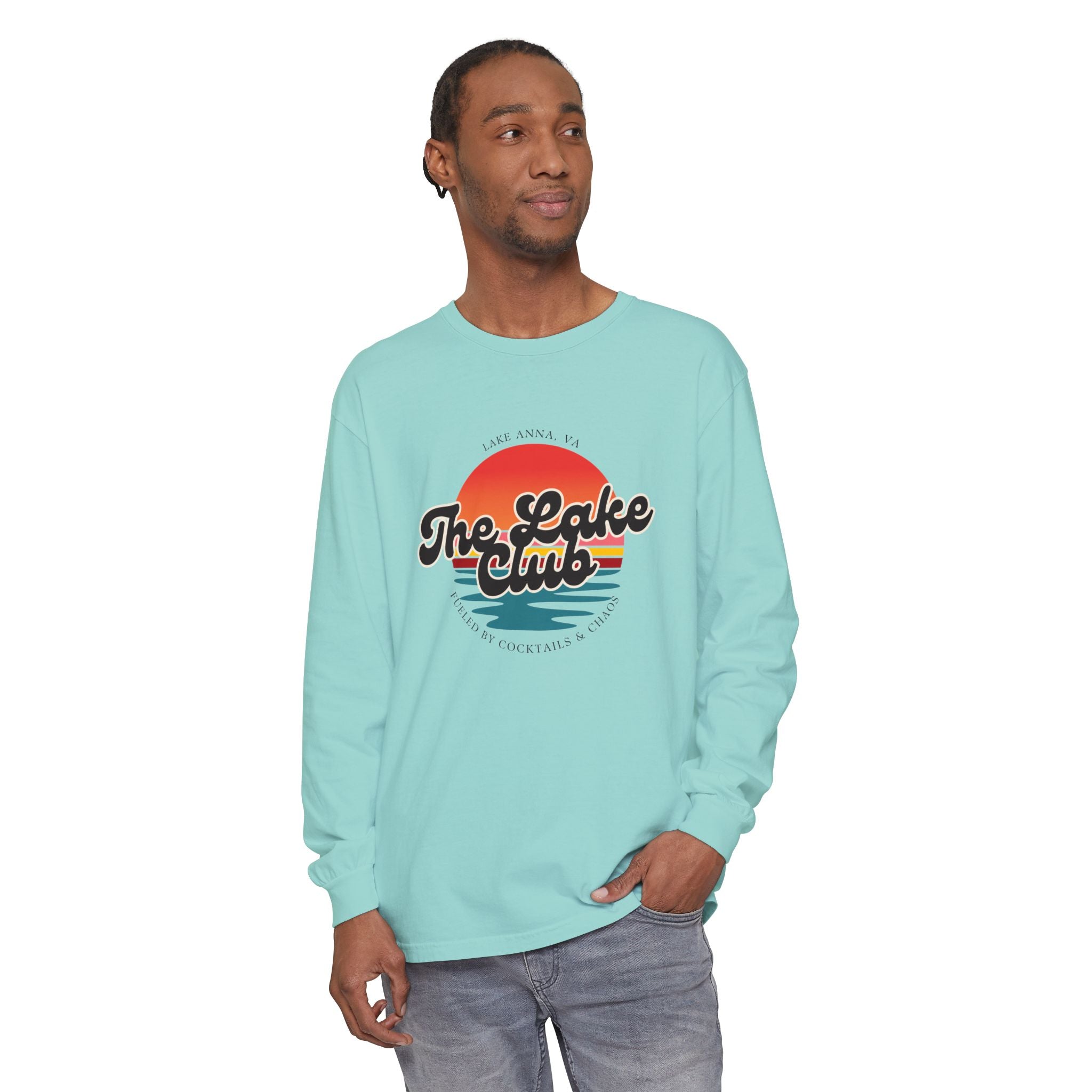 The Lake Club Long Sleeve T-Shirt — Retro Sunset 'Fueled by Cocktails + Chaos'