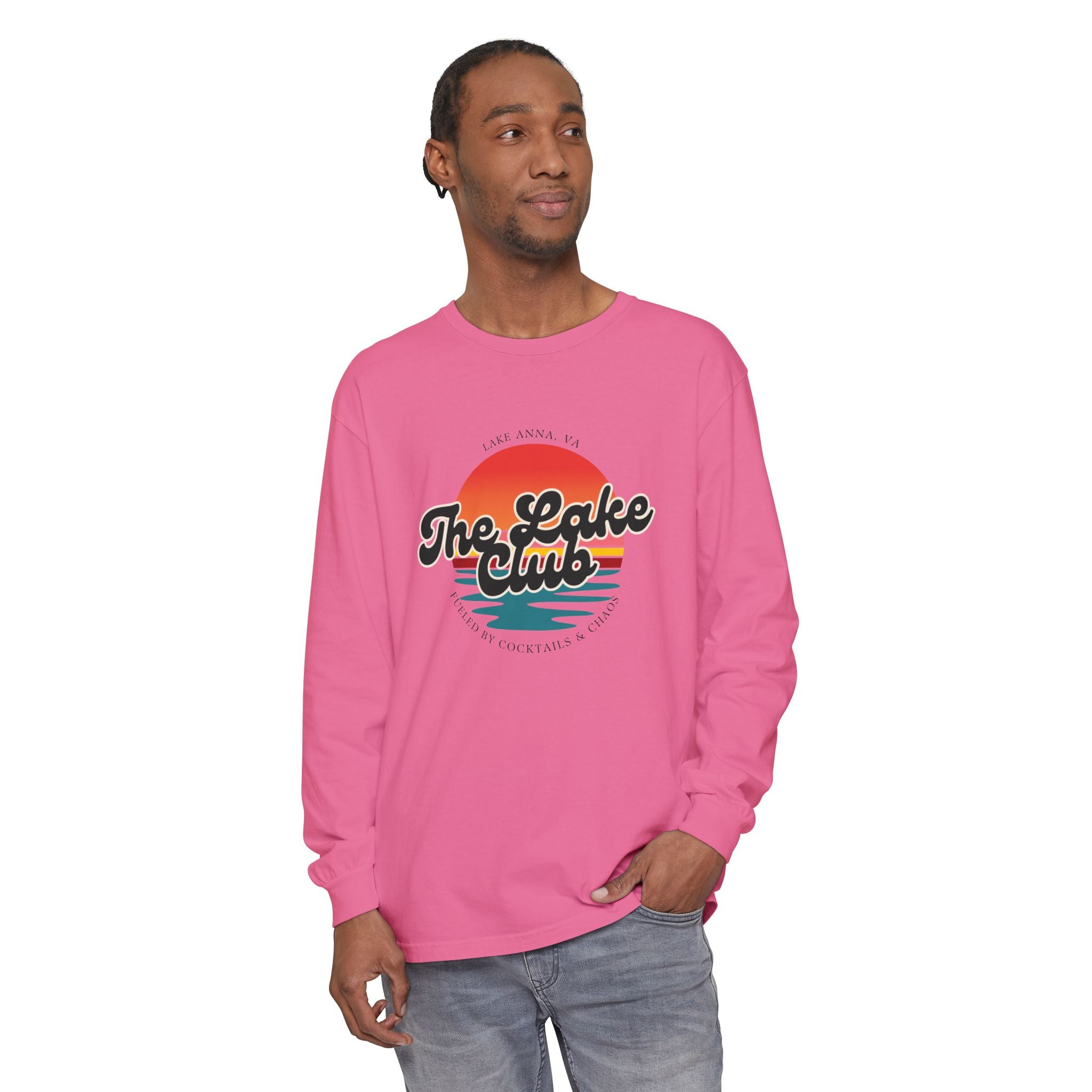 The Lake Club Long Sleeve T-Shirt — Retro Sunset 'Fueled by Cocktails + Chaos'