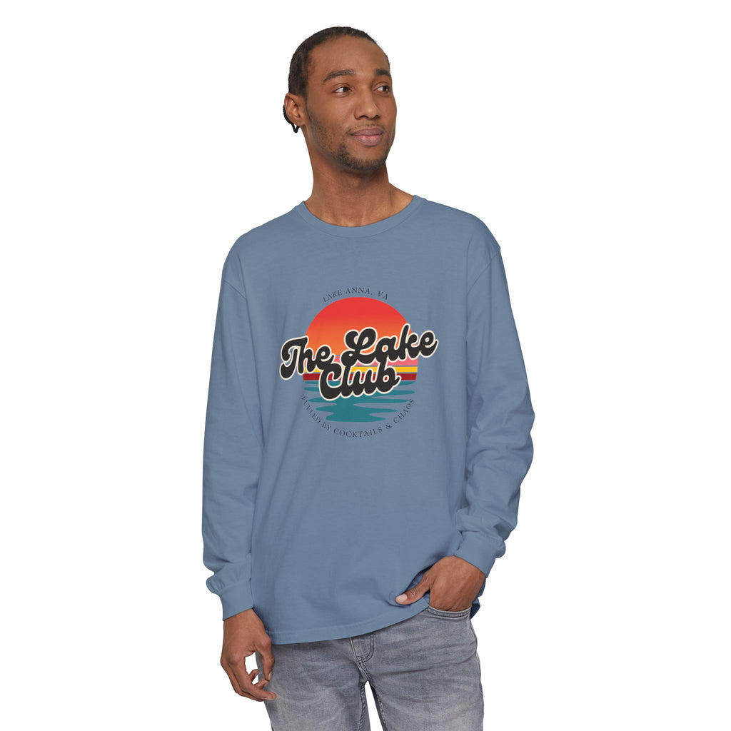 The Lake Club Long Sleeve T-Shirt — Retro Sunset 'Fueled by Cocktails + Chaos'