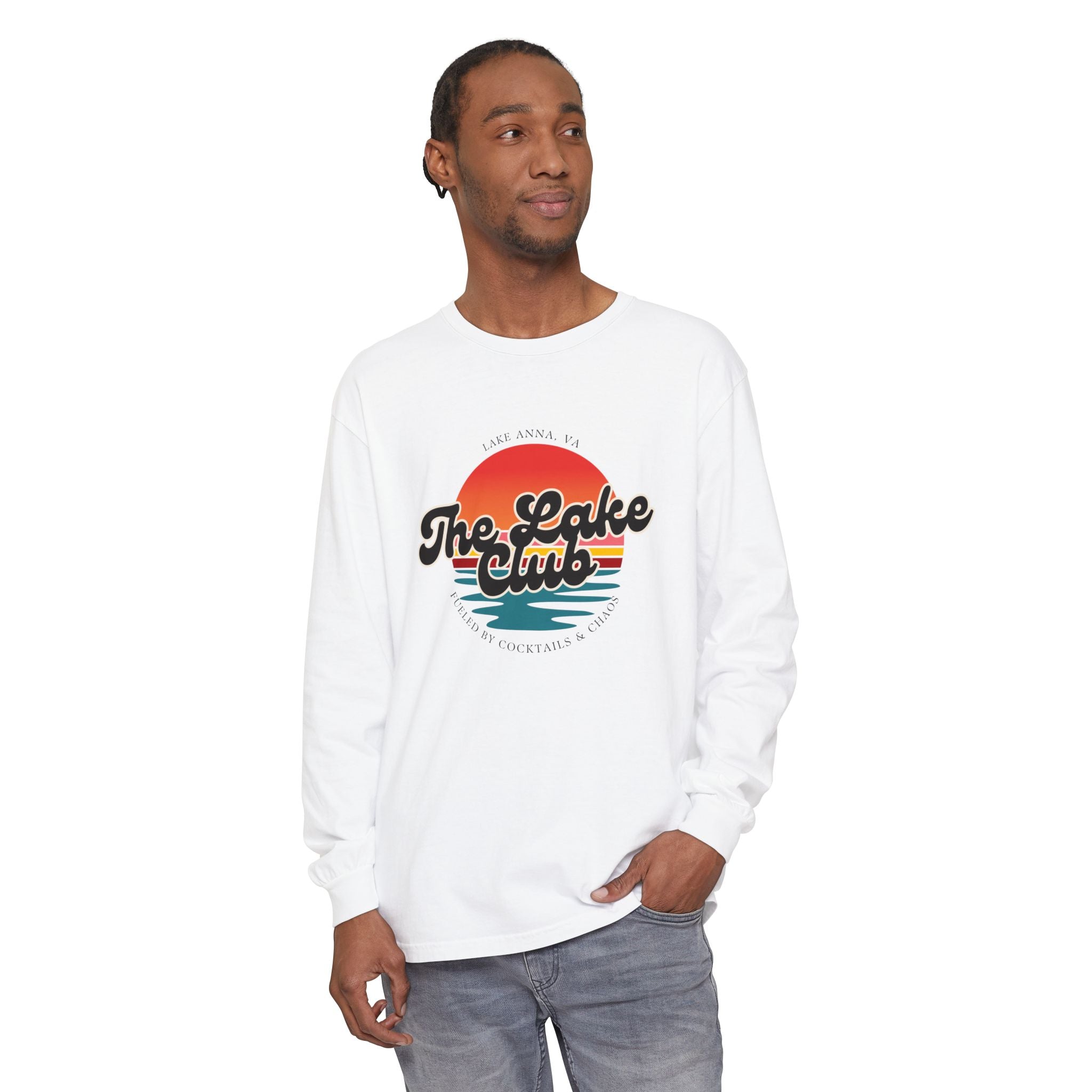 The Lake Club Long Sleeve T-Shirt — Retro Sunset 'Fueled by Cocktails + Chaos'