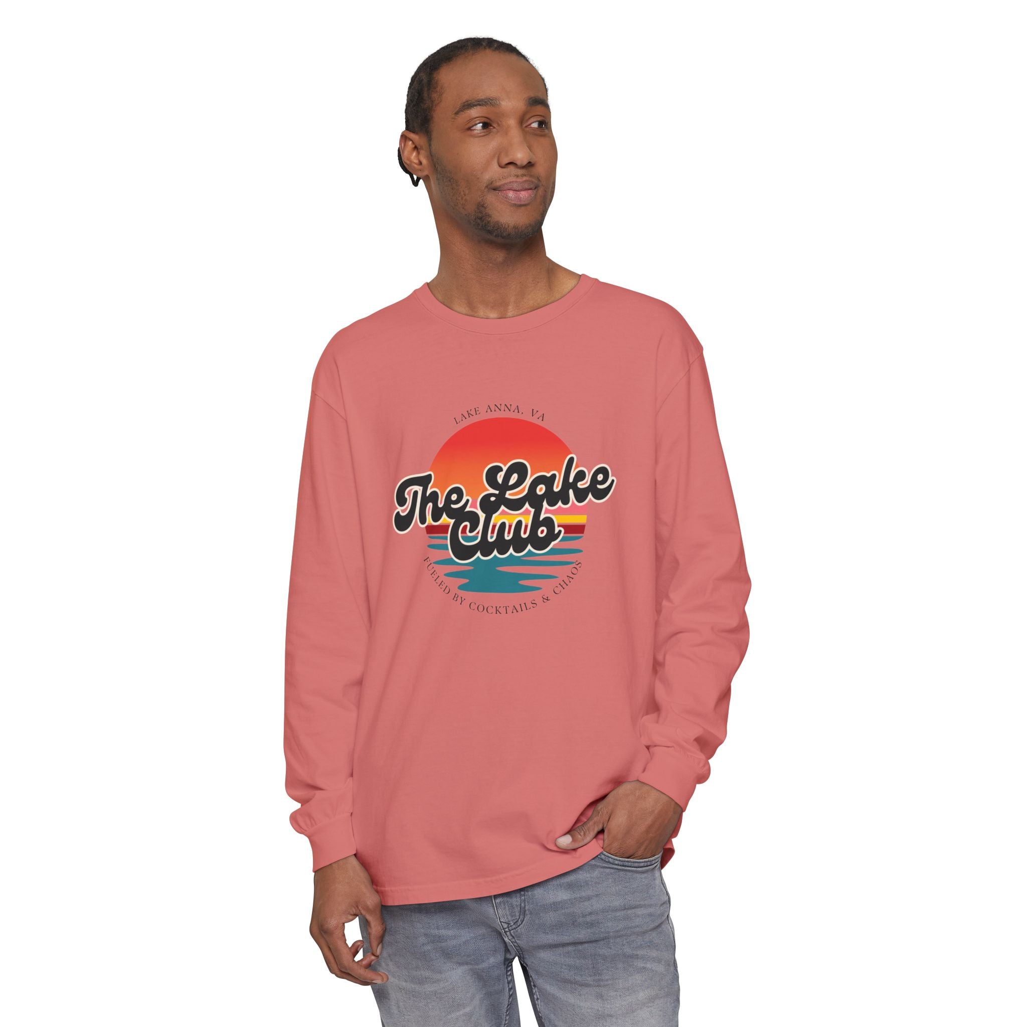 The Lake Club Long Sleeve T-Shirt — Retro Sunset 'Fueled by Cocktails + Chaos'