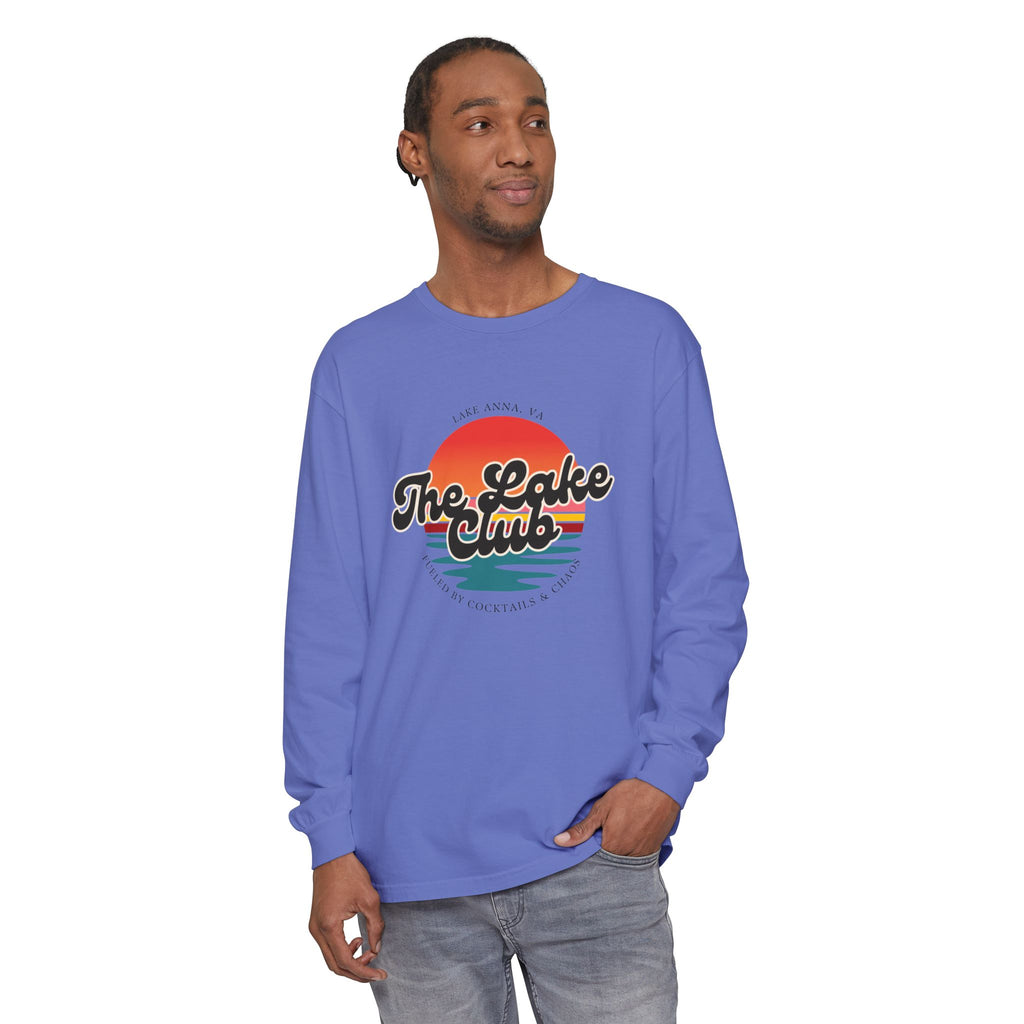 The Lake Club Long Sleeve T-Shirt — Retro Sunset 'Fueled by Cocktails + Chaos'