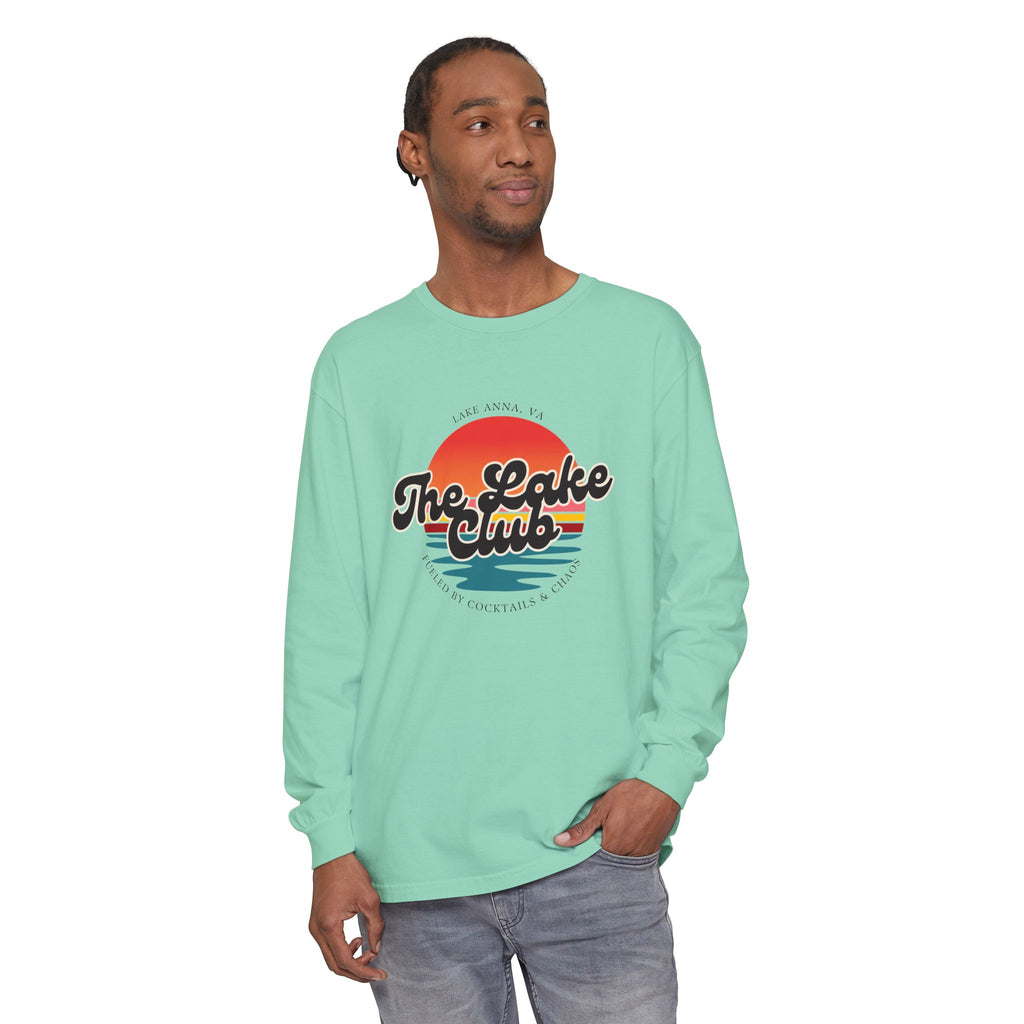 The Lake Club Long Sleeve T-Shirt — Retro Sunset 'Fueled by Cocktails + Chaos'